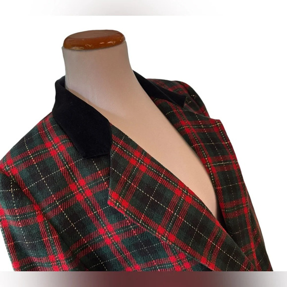 Vintage Wool Blend Tartan Plaid Velvet Collar Sag Harbor Single-breasted Blazer - Picture 3 of 7